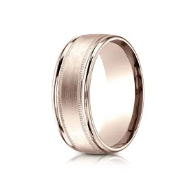 14k Rose Gold 8mm Comfort-fit Satin Finish Center With Milgrain Round Edge Carved Design Band