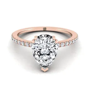 14K Rose Gold Pear Shape Center Diamond Simple French Pave Double Claw Prong Engagement Ring -1/6ctw