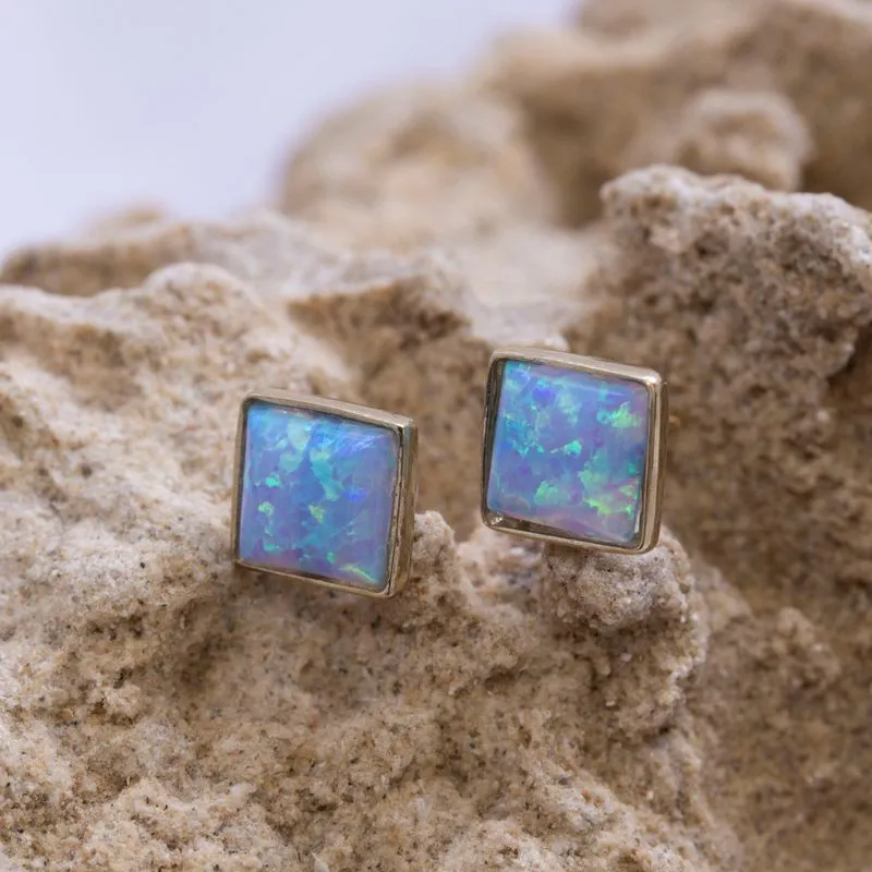 14K Yellow Gold Square Blue Opal 6X6mm Stud Earrings