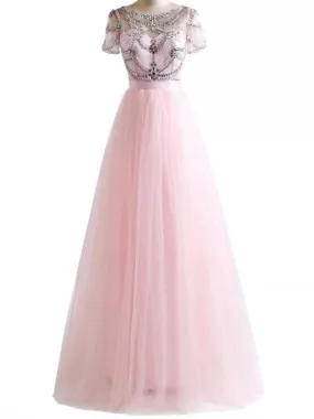 A-line Scoop Neck Floor-Length Tulle Pink Prom Dresses HX0028