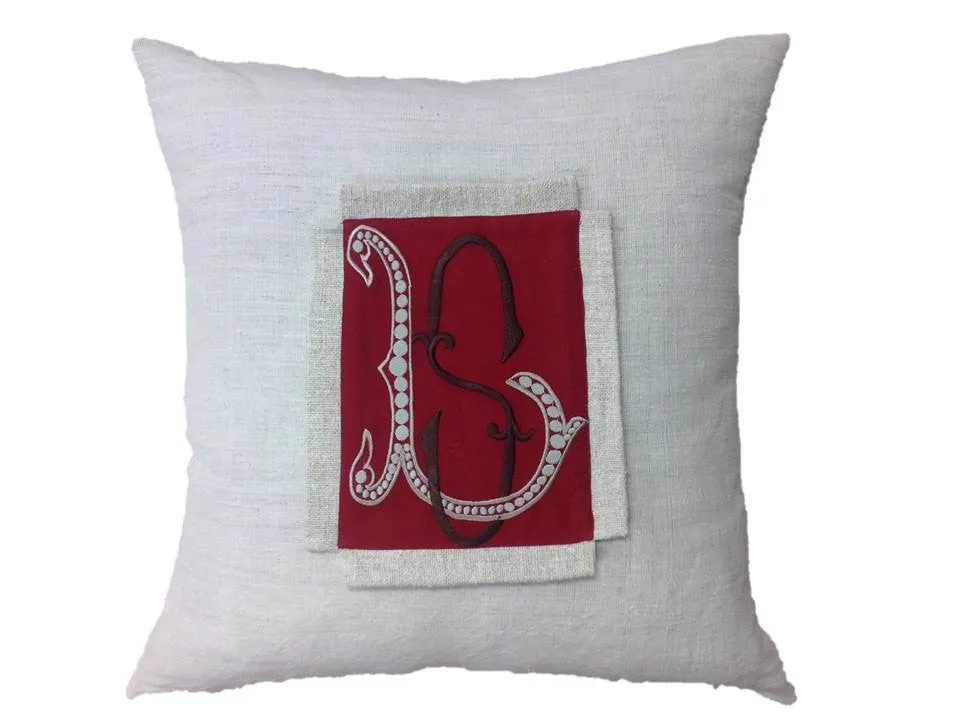 Antique Red Embroidered LS Linen Pillow Cover