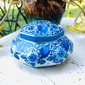 Antique Signed C.V 1298 Delft Holland Blue White Floral Bowl Box Container w Lid