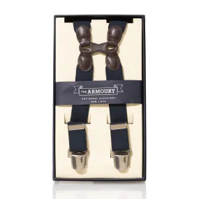 Brown Leather/Silver Clip Braces - Navy