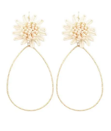 Cream Raffia Flower Teardrop Earrings