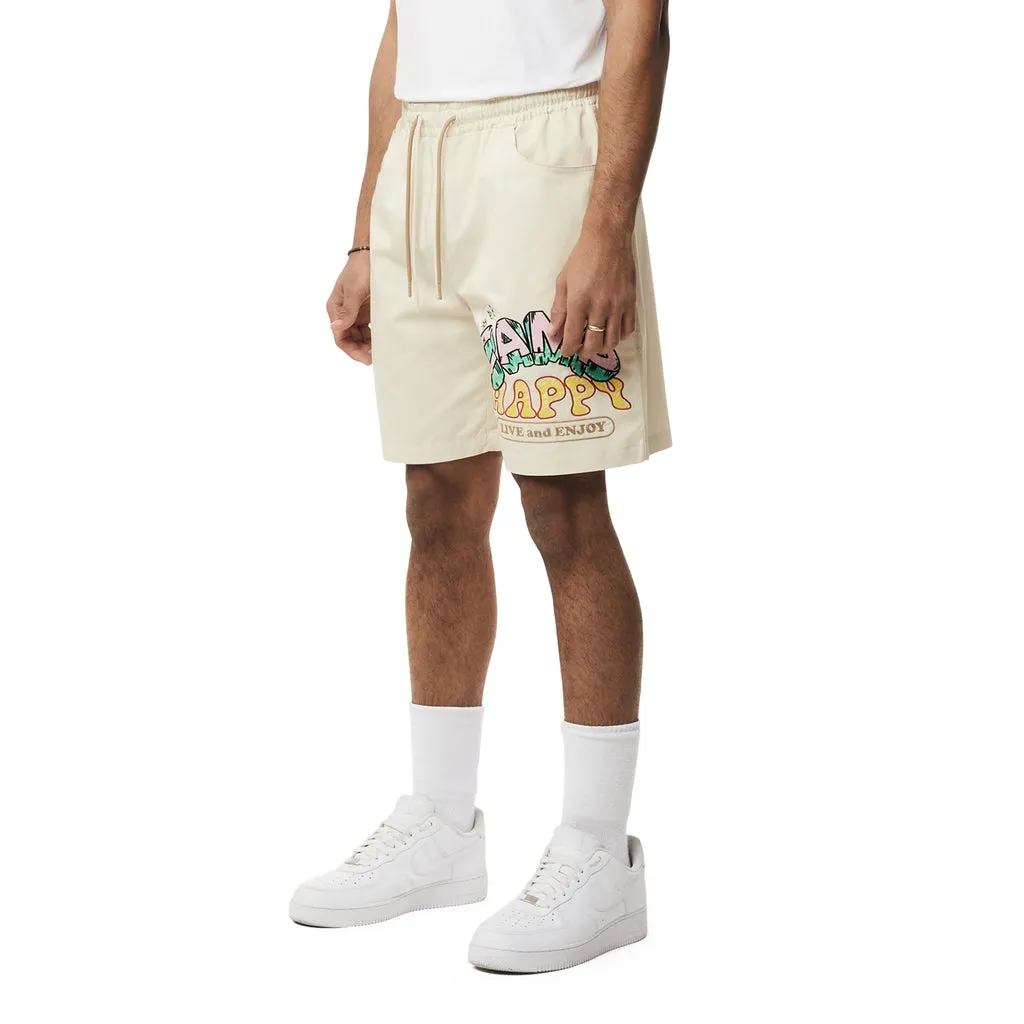 Fun Graphic Polished Twill Shorts - Ecru