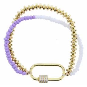 KIDS PURPLE, WHITE & GOLD 2 STRAND STRETCH WITH OVAL CARABINER BRACELET