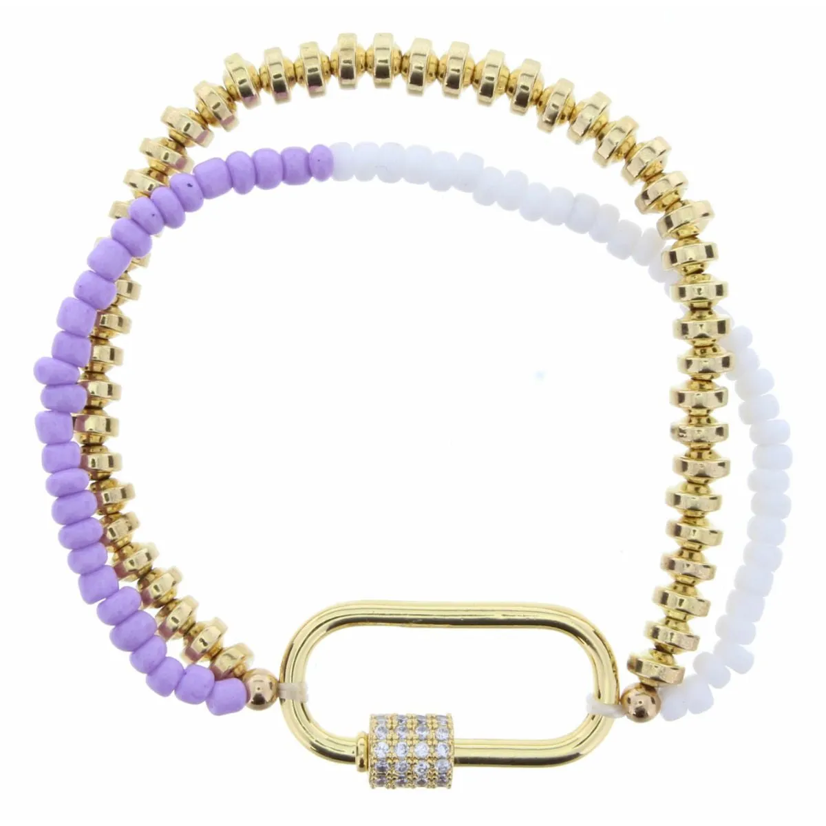 KIDS PURPLE, WHITE & GOLD 2 STRAND STRETCH WITH OVAL CARABINER BRACELET