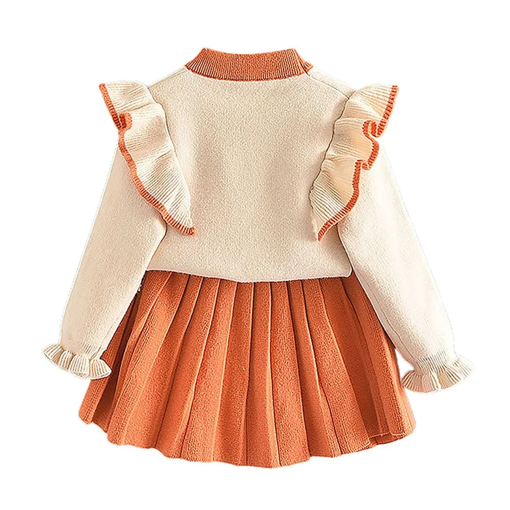 Orange Ruffled Shoulder 2 pcs sweatshirt & Skirt Winterwear set for Girls