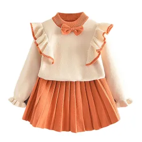 Orange Ruffled Shoulder 2 pcs sweatshirt & Skirt Winterwear set for Girls